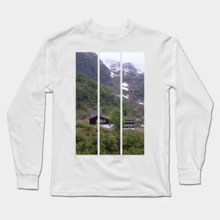 Wonderful landscapes in Norway. Vestland. Beautiful scenery of houses with grass roof. Norwegian traditional architecture Mountains, trees and snow in background. Cloudy day (vertical) Long Sleeve T-Shirt